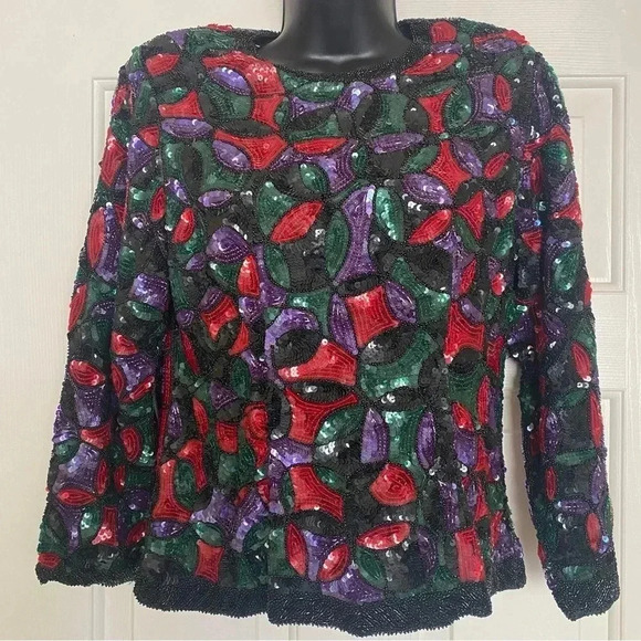 Vintage Jean for Joseph Le Bon Sequin Beaded Silk Top Holiday Christmas Party - Picture 1 of 7